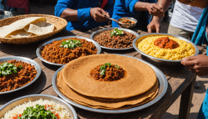 découvrez l'authenticité de la cuisine éthiopienne à addis-abeba avec un repas complet à seulement 2€. savourez l'injera, ce pain traditionnel, accompagné de diverses délicieuses garnitures. une expérience culinaire inoubliable qui ravira vos papilles sans dépenser beaucoup !